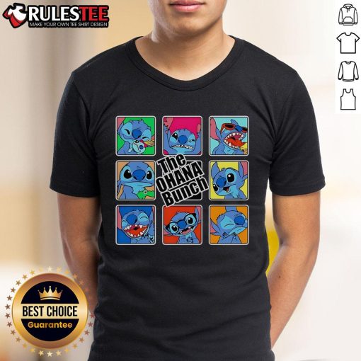 Alt Text: Cute The Ohana Bunch Stitch X The Brady Bunch T-Shirt featuring vibrant graphics of Stitch and classic Brady Bunch design.