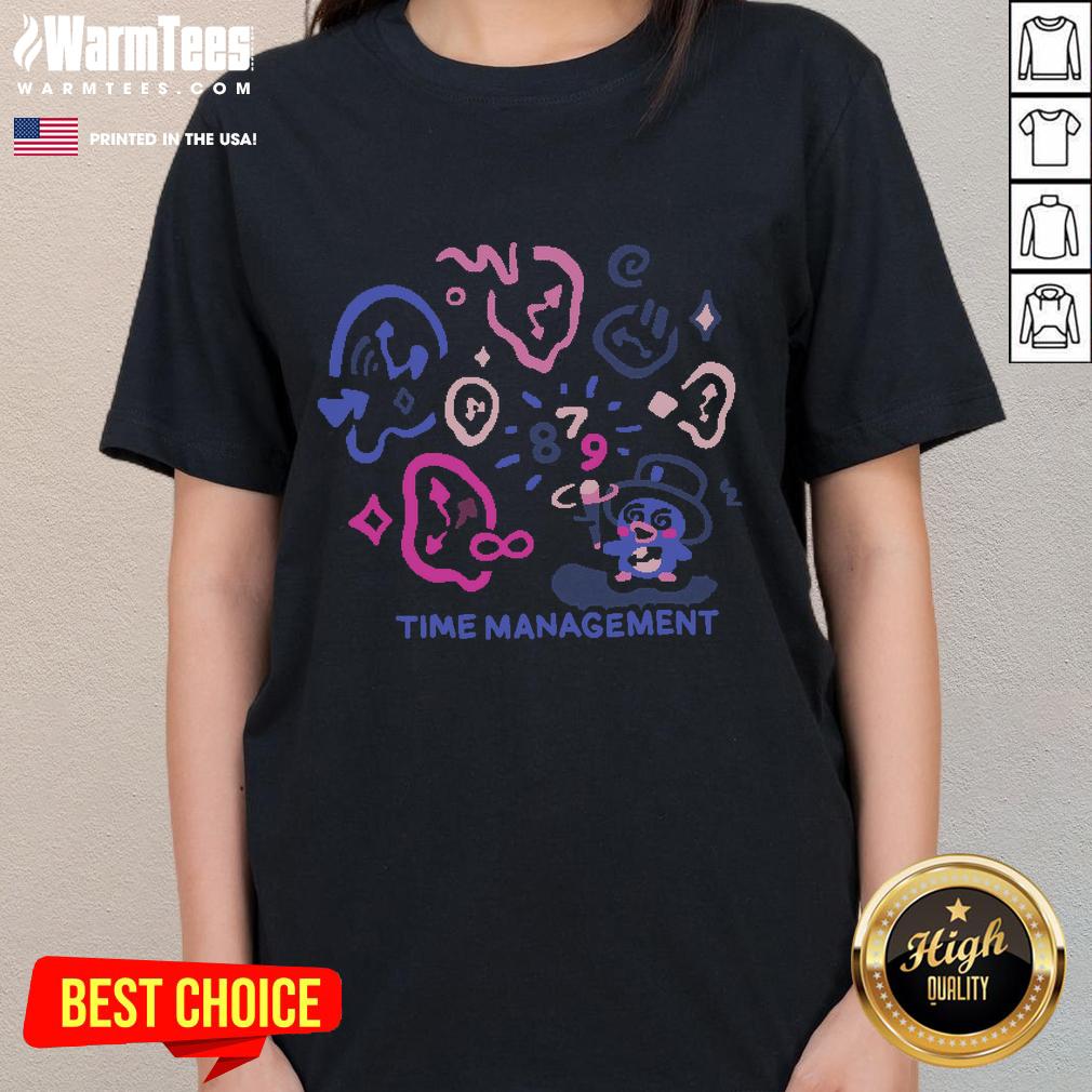 Cute Time Management Magician Duck Clocks Ladies Tee Adorable duck magician juggling clocks on a cute tee for ladies, perfect for time management enthusiasts.