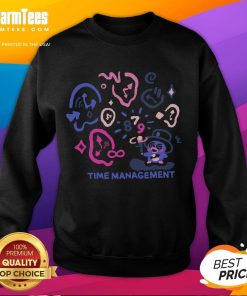 Alt Text: Cute time management magician duck with clocks design on a cozy sweatshirt, perfect for quirky fashion lovers.