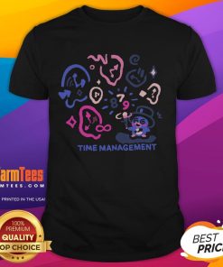 Alt Text: Cute Time Management Magician Duck wearing a wizard hat and surrounded by clocks on a stylish t-shirt design.