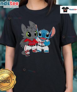 Cute Toothless Night Fury and Stitch Atlanta Braves baseball ladies tee featuring vibrant graphics and comfortable fit.