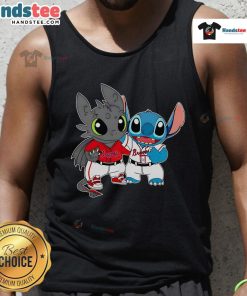 Cute Toothless Night Fury and Stitch on Atlanta Braves baseball tank top for fans of animated characters and sports.
