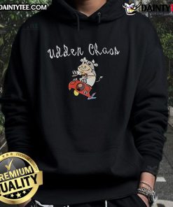 Adorable Cute Udder Chaos Space Cow Hoodie featuring a whimsical cow design in a colorful galaxy backdrop.