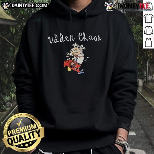 Adorable Cute Udder Chaos Space Cow Hoodie featuring a whimsical cow design in a colorful galaxy backdrop.
