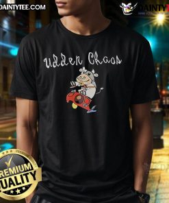 Alt Text: Adorable 'Cute Udder Chaos Space Cow T-Shirt' featuring a whimsical cow in a space setting with vibrant colors.