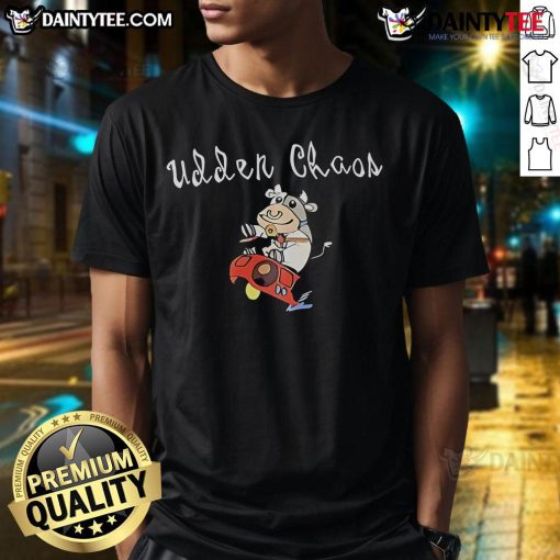 Alt Text: Adorable 'Cute Udder Chaos Space Cow T-Shirt' featuring a whimsical cow in a space setting with vibrant colors.