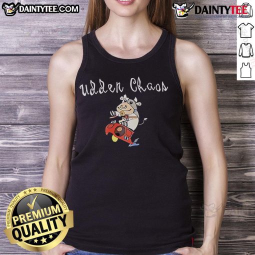Alt Text: Cute udder chaos space cow tank top featuring a playful cow design in a cosmic background, perfect for casual wear.