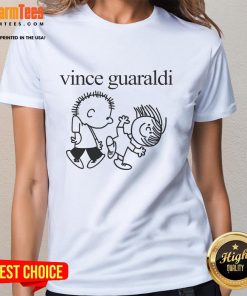 Alt Text: Cute Vince Guaraldi ladies tee featuring a colorful graphic design, perfect for music lovers and casual wear.
