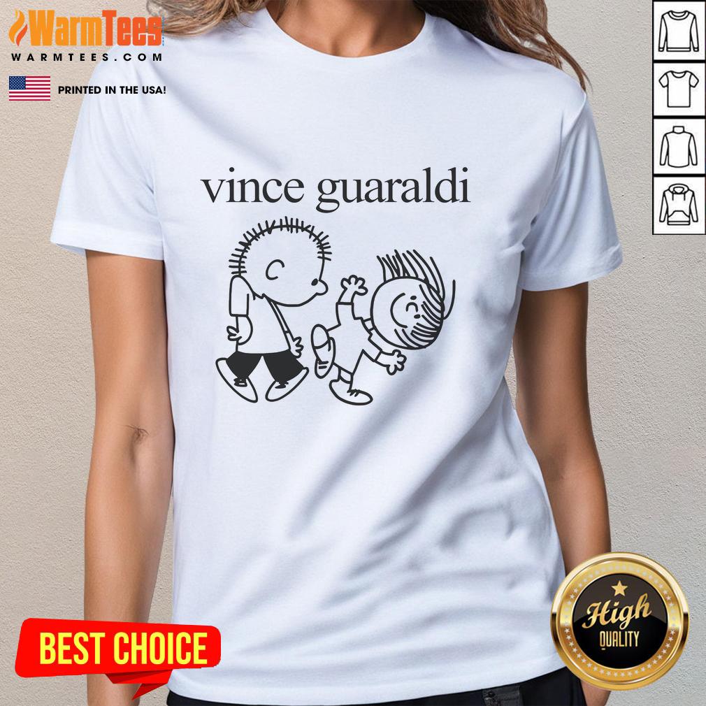 Cute Vince Guaraldi Ladies Tee Alt Text: Cute Vince Guaraldi ladies tee featuring a colorful graphic design, perfect for music lovers and casual wear.