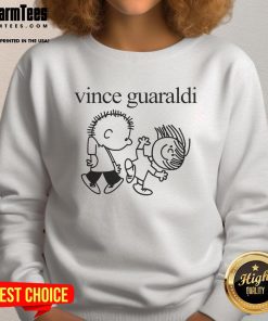 Adorable Vince Guaraldi sweatshirt featuring a colorful design, perfect for fans of Peanuts and cozy fashion.