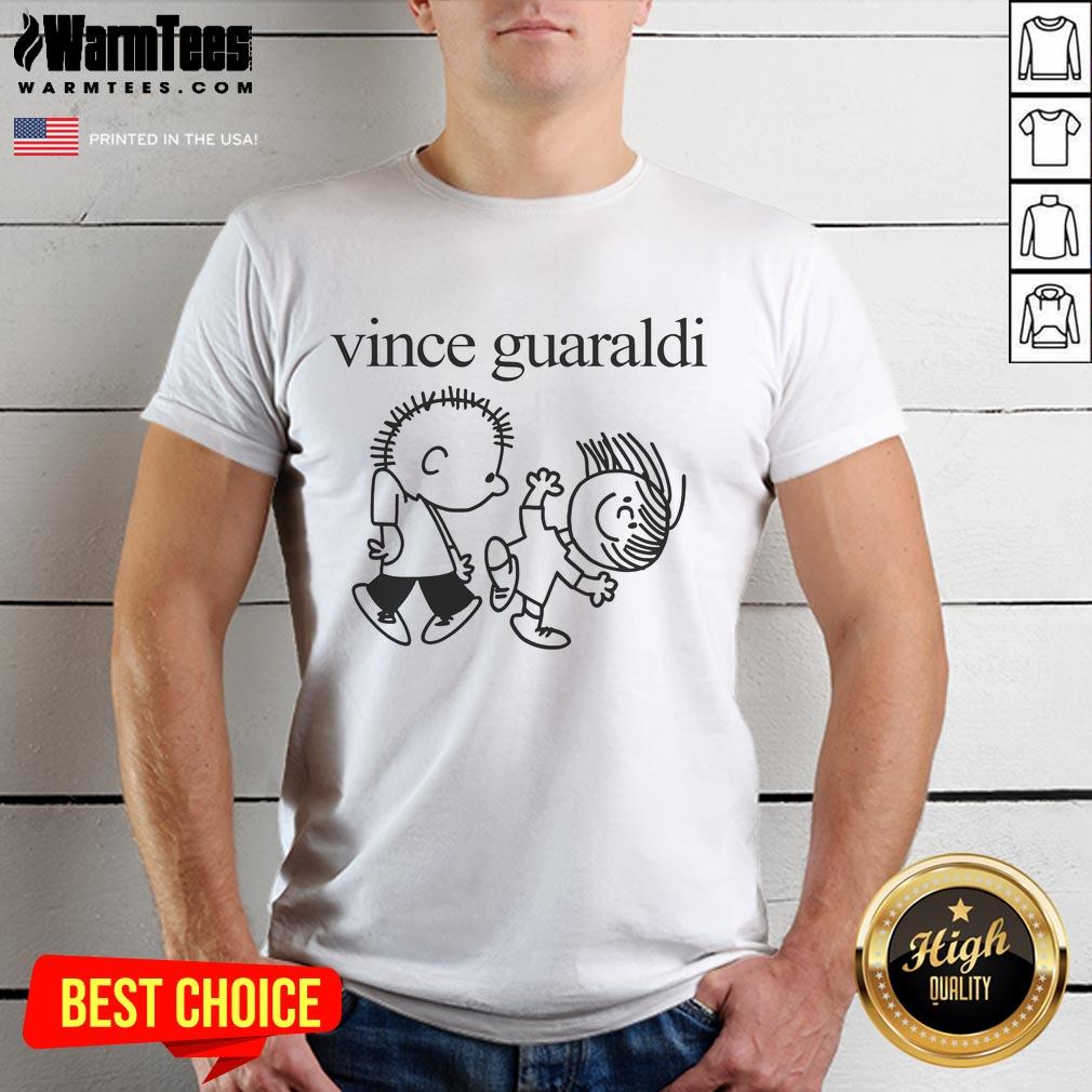 Cute Vince Guaraldi T Shirt Alt Text: Cute Vince Guaraldi T-Shirt featuring colorful graphics inspired by the iconic jazz musician and Peanuts cartoons.