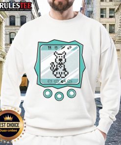 Alt Text: Cute virtual Doo from the pixel game art on a cozy sweatshirt, perfect for gamers and pet lovers alike.