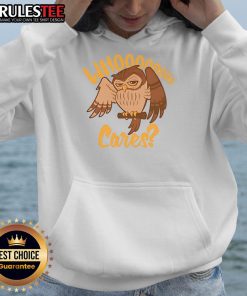Adorable cartoon owl hoodie design featuring a cute owl and playful text 'Who Cares' for a fun, stylish look.