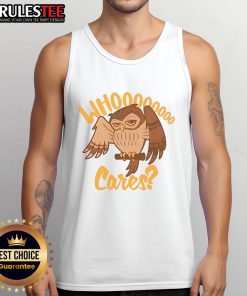 Cute Who Cares cartoon owl tank top featuring a colorful owl graphic, perfect for casual summer outfits.
