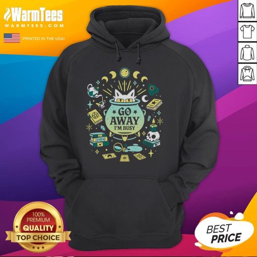 Alt Text: Cute witch cat in a cozy hoodie saying 'Go Away, I'm Busy' - perfect for cat lovers and Halloween enthusiasts.