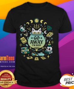 Alt Text: Cute witch cat at work on a Go Away I'm Busy T-shirt, perfect for cat lovers and Halloween enthusiasts.