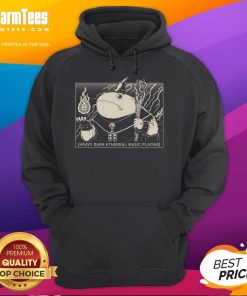 Adorable wizard frog in a heavy dark hoodie, set against an ethereal music-themed backdrop, perfect for cozy vibes.