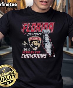 Alt Text: Official Florida Panthers 2025 NHL Stanley Cup Champions T-Shirt featuring team logo and celebratory design.