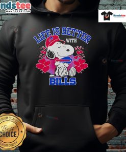 Alt Text: Cute Snoopy hoodie with Life Is Better With Bills slogan, perfect for fans of Peanuts and cozy fashion.