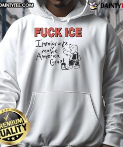 Man wearing 'Fuck Ice Immigrants Make America Great' hoodie, showcasing bold anti-ICE message and stylish streetwear.