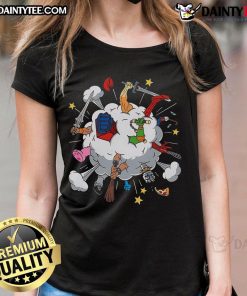 Funny 80s Cartoon Fight Ladies Tee featuring vibrant graphics of iconic female characters in a playful battle scene.