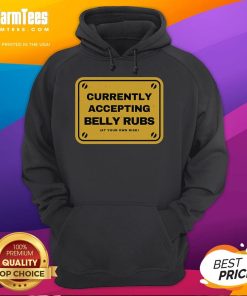 Funny 'Accepting Belly Rubs at Your Own Risk' hoodie design featuring a playful illustration and vibrant colors.