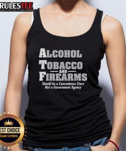 Funny alcohol tobacco and firearms convenience store tank top design featuring playful graphics and bold text.