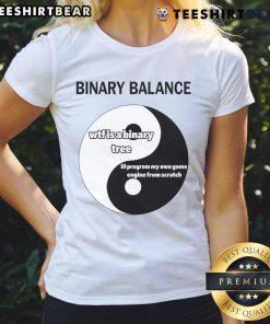 Alt Text: Funny Binary Balance Yin Yang Programmer Ladies Tee showcasing a playful design for tech enthusiasts and programmers.