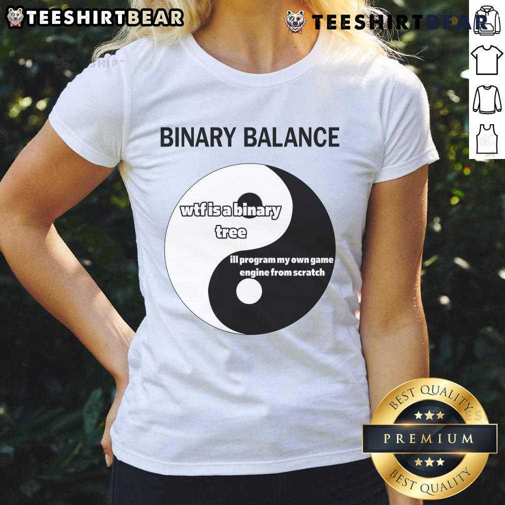 Funny Binary Balance Yin Yang Programmer Ladies Tee Alt Text: Funny Binary Balance Yin Yang Programmer Ladies Tee showcasing a playful design for tech enthusiasts and programmers.