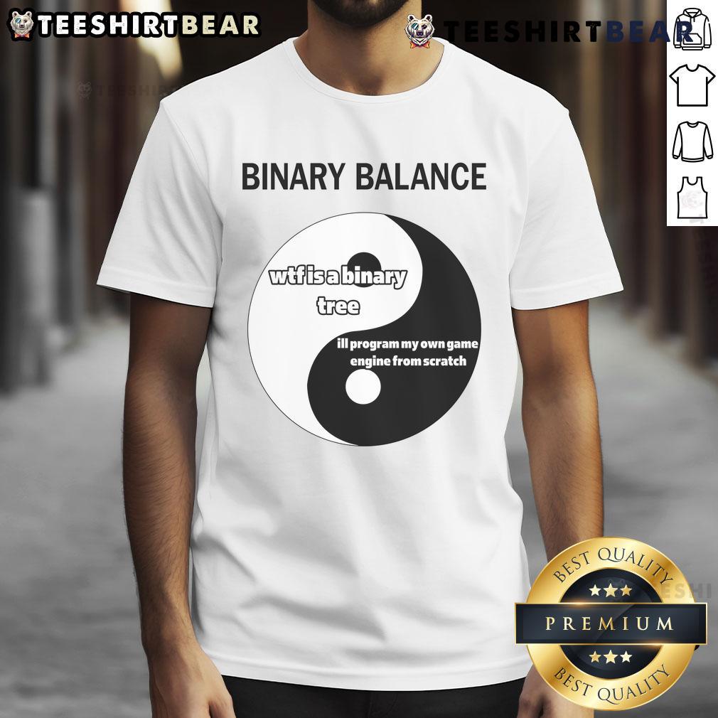 Funny Binary Balance Yin Yang Programmer T Shirt Alt Text: Funny Binary Balance Yin Yang Programmer T-Shirt featuring a playful design blending coding and Zen philosophy.