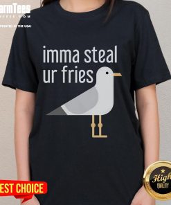 Alt Text: Funny bird cartoon stealing fries on a ladies tee, perfect for food lovers and humor enthusiasts.