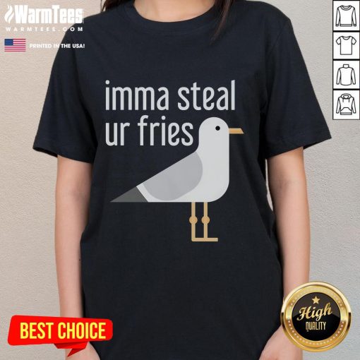 Alt Text: Funny bird cartoon stealing fries on a ladies tee, perfect for food lovers and humor enthusiasts.