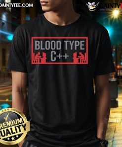 Funny Blood Type C++ Programmer T-Shirt design featuring humor and coding graphics for tech enthusiasts and programmers.