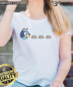 Funny Blu Man design on Bluey Pac-Man Ladies Tee, featuring playful graphics and vibrant colors for casual wear.