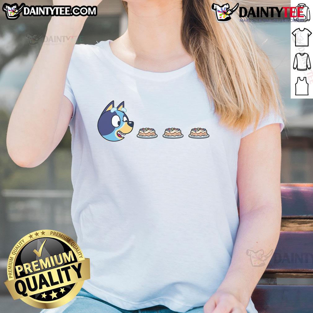 Funny Blu Man Bluey Pac Man Ladies Tee Funny Blu Man design on Bluey Pac-Man Ladies Tee, featuring playful graphics and vibrant colors for casual wear.