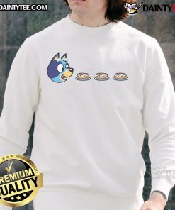 Alt Text: Funny Blu Man sweatshirt featuring Bluey and Pac-Man designs, perfect for casual wear and fans of quirky fashion.