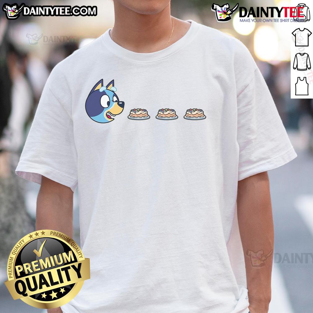 Funny Blu Man Bluey Pac Man T Shirt Alt Text: Funny Blu-Man Bluey Pac-Man T-Shirt featuring a playful design of Blu-Man inspired by Pac-Man in vibrant colors.
