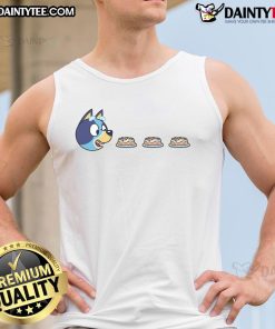 Funny Blu Man wearing a Bluey Pac-Man tank top, showcasing a playful and vibrant design perfect for casual wear.