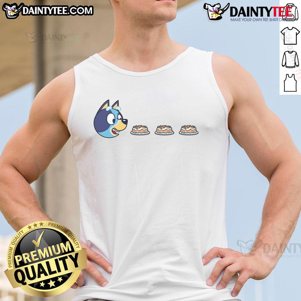 Funny Blu Man Bluey Pac Man Tank Top Funny Blu Man wearing a Bluey Pac-Man tank top, showcasing a playful and vibrant design perfect for casual wear.