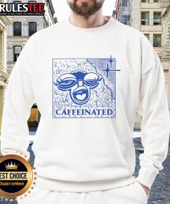 Alt Text: Funny caffeinated sloth design on a cozy sweatshirt for coffee lovers, perfect for sleepy animal enthusiasts.