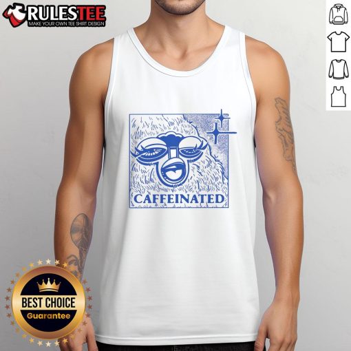 Alt Text: Funny caffeinated sloth wearing a tank top, showcasing its love for coffee, perfect for sleepy animal lovers.