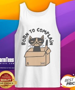 Funny cat in a cardboard box wearing a 'Born to Complain' tank top, perfect for cat lovers and humor enthusiasts.
