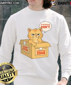 Funny cat in a cardboard box wearing a If You Need Me, Don't Sweat sweatshirt, bringing joy and laughter.
