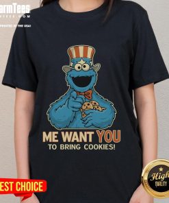 Funny Cookie Monster t-shirt with 'Me Want You To Bring Cookies' slogan, perfect for cookie lovers and humor fans.