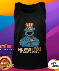 Funny Cookie Monster tank top featuring Me Want You To Bring Cookies text, perfect for cookie lovers and fans of humor.