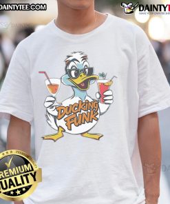 Funny ducking funk cocktails summer vibes cartoon T-shirt design featuring a playful duck holding a colorful drink.