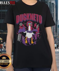 Funny Duckneto Marvel Magneto Duck ladies tee featuring a quirky duck superhero design in vibrant colors.