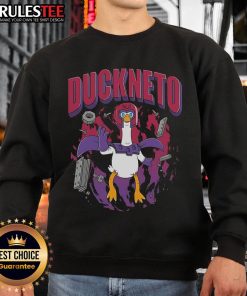 Funny Duckneto sweatshirt featuring a duck in Magneto's costume, perfect for Marvel fans and unique fashion lovers.