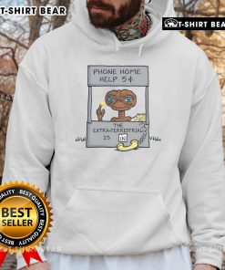 Funny E.T. Phone Home help booth parody cartoon on a hoodie, featuring an alien offering assistance for 5 cents.