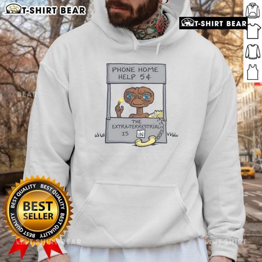 Funny E.T. Phone Home help booth parody cartoon on a hoodie, featuring an alien offering assistance for 5 cents.